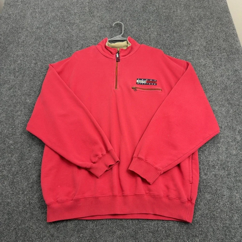 Vintage Tommy Hilfiger Sweatshirt Men L Red Cotton Quarter Zip Outdoors Gorpcore